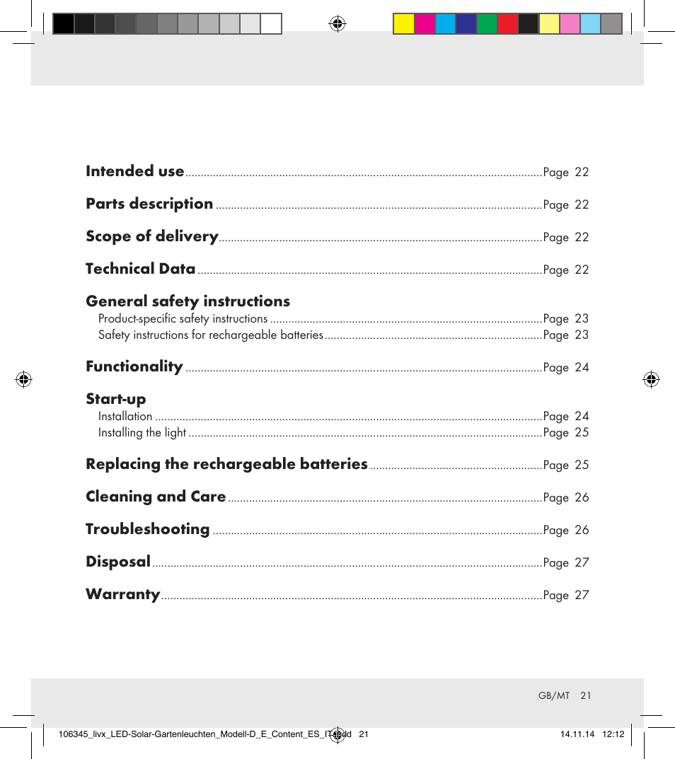 Intended use, Parts description, Scope of delivery | Technical data, General safety instructions, Functionality, Start-up, Replacing the rechargeable batteries, Cleaning and care, Troubleshooting | Livarno 106345-14-01/106345-14-02 User Manual | Page 21 / 37