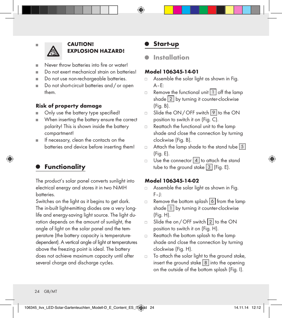 Functionality, Start-up, Installation | Livarno 106345-14-01/106345-14-02 User Manual | Page 24 / 37