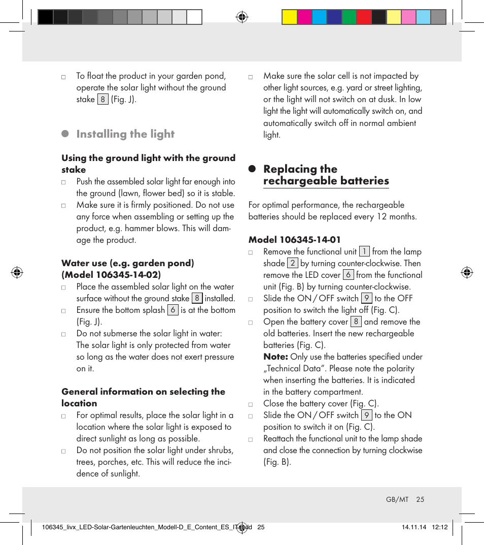 Installing the light, Replacing the rechargeable batteries | Livarno 106345-14-01/106345-14-02 User Manual | Page 25 / 37