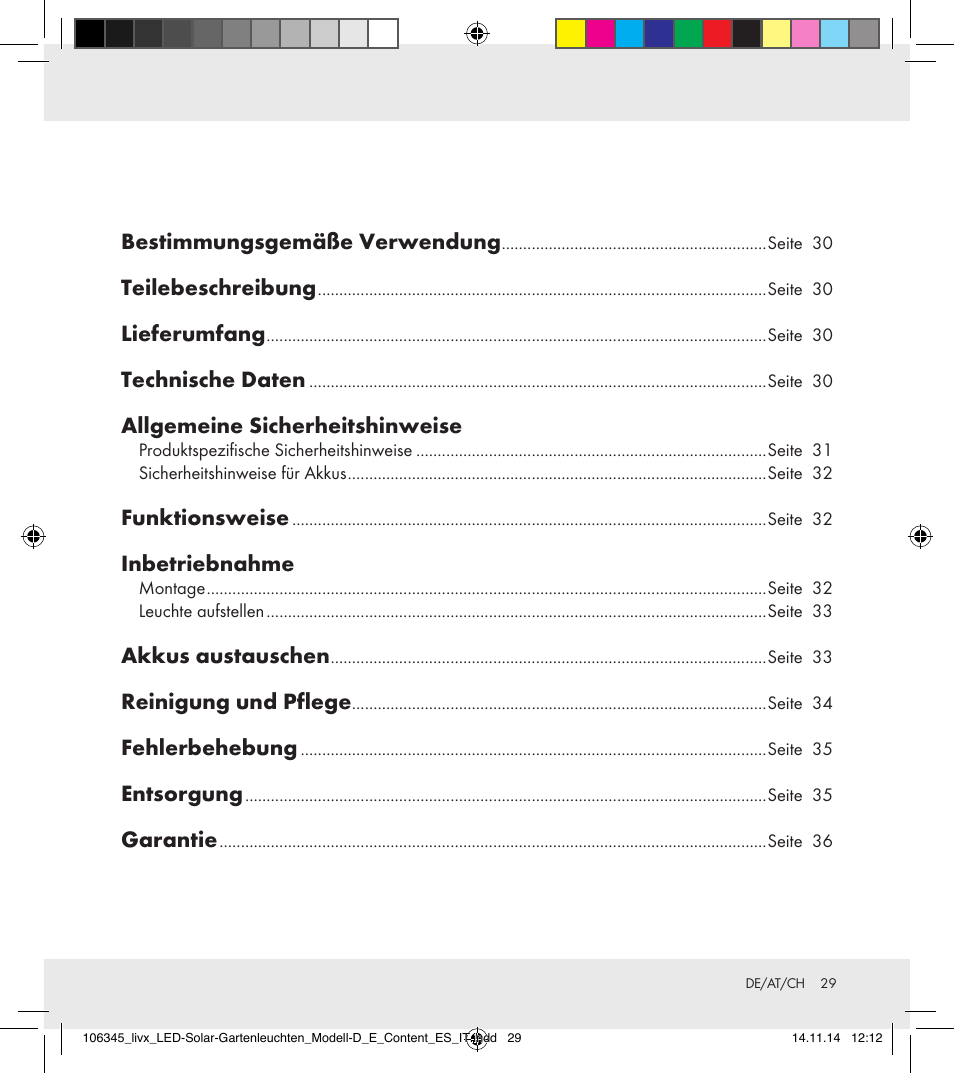 Bestimmungsgemäße verwendung, Teilebeschreibung, Lieferumfang | Technische daten, Allgemeine sicherheitshinweise, Funktionsweise, Inbetriebnahme, Akkus austauschen, Reinigung und pflege, Fehlerbehebung | Livarno 106345-14-01/106345-14-02 User Manual | Page 29 / 37