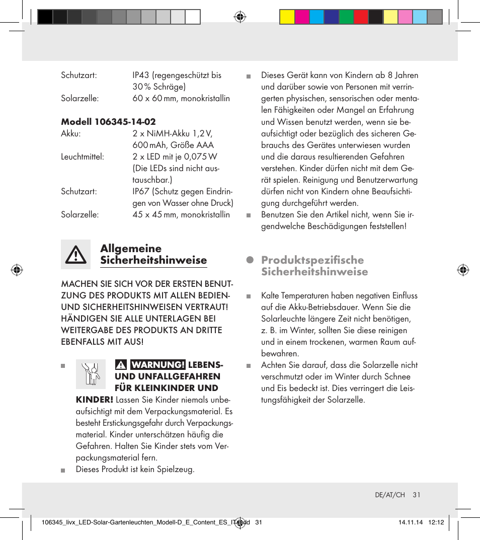 Allgemeine sicherheitshinweise, Produktspezifische sicherheitshinweise | Livarno 106345-14-01/106345-14-02 User Manual | Page 31 / 37