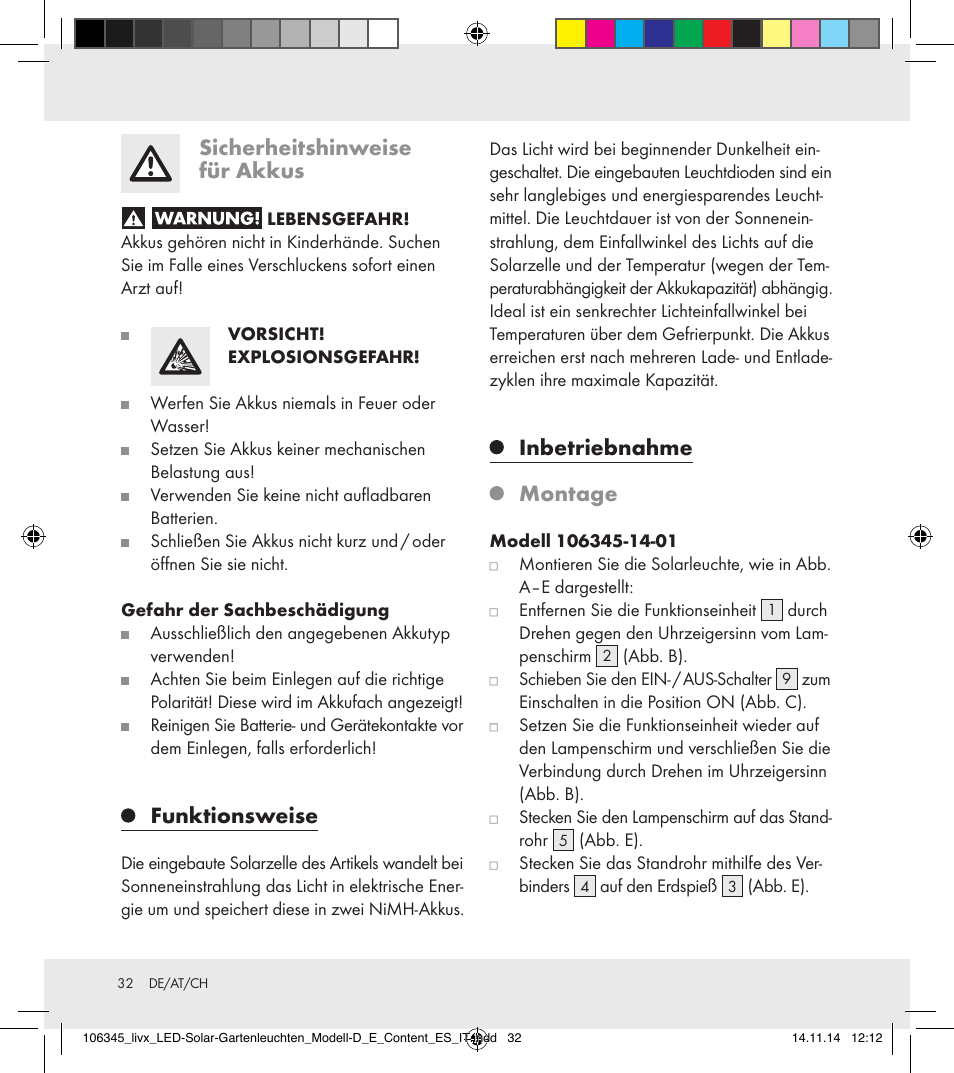 Sicherheitshinweise für akkus, Funktionsweise, Inbetriebnahme | Montage | Livarno 106345-14-01/106345-14-02 User Manual | Page 32 / 37