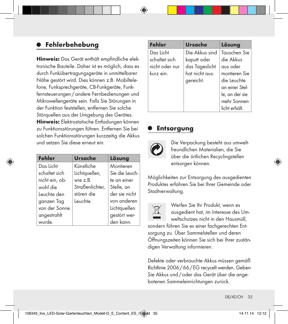 Fehlerbehebung, Entsorgung | Livarno 106345-14-01/106345-14-02 User Manual | Page 35 / 37