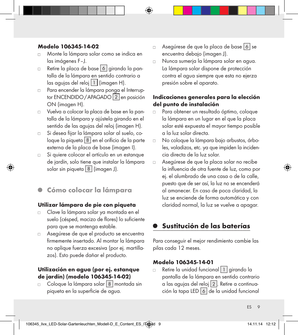 Cómo colocar la lámpara, Sustitución de las baterías | Livarno 106345-14-01/106345-14-02 User Manual | Page 9 / 37