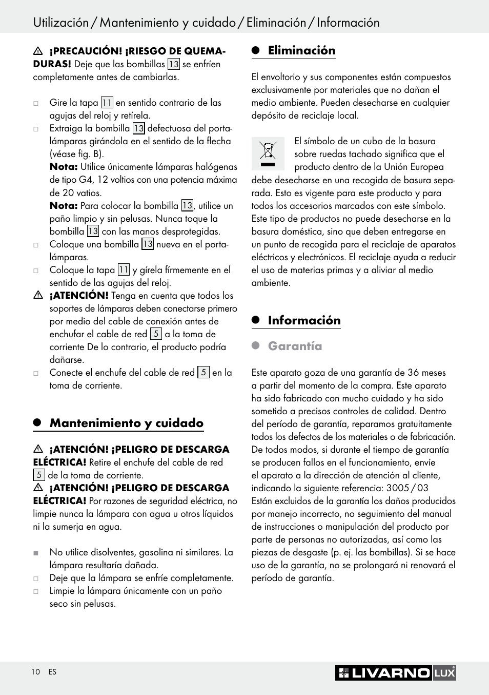 Mantenimiento y cuidado, Eliminación, Información | Garantía | Livarno 3005/03 User Manual | Page 10 / 45