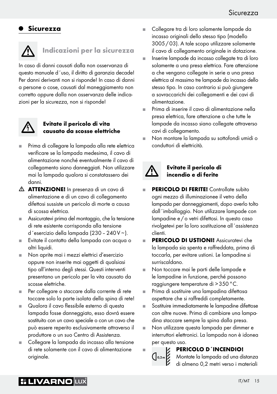 Sicurezza, Sicurezza indicazioni per la sicurezza | Livarno 3005/03 User Manual | Page 15 / 45