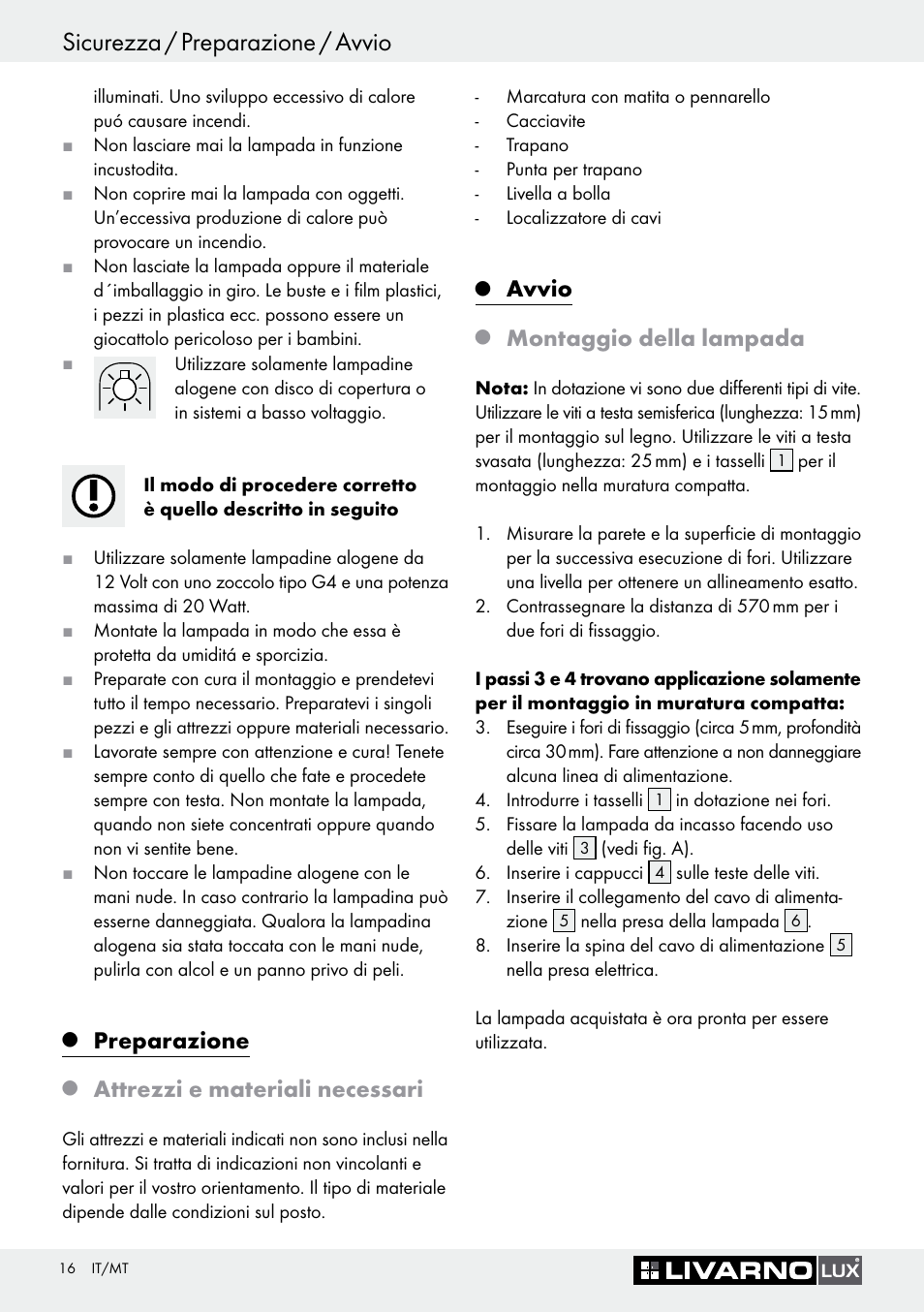 Sicurezza / preparazione / avvio, Preparazione, Attrezzi e materiali necessari | Avvio, Montaggio della lampada | Livarno 3005/03 User Manual | Page 16 / 45