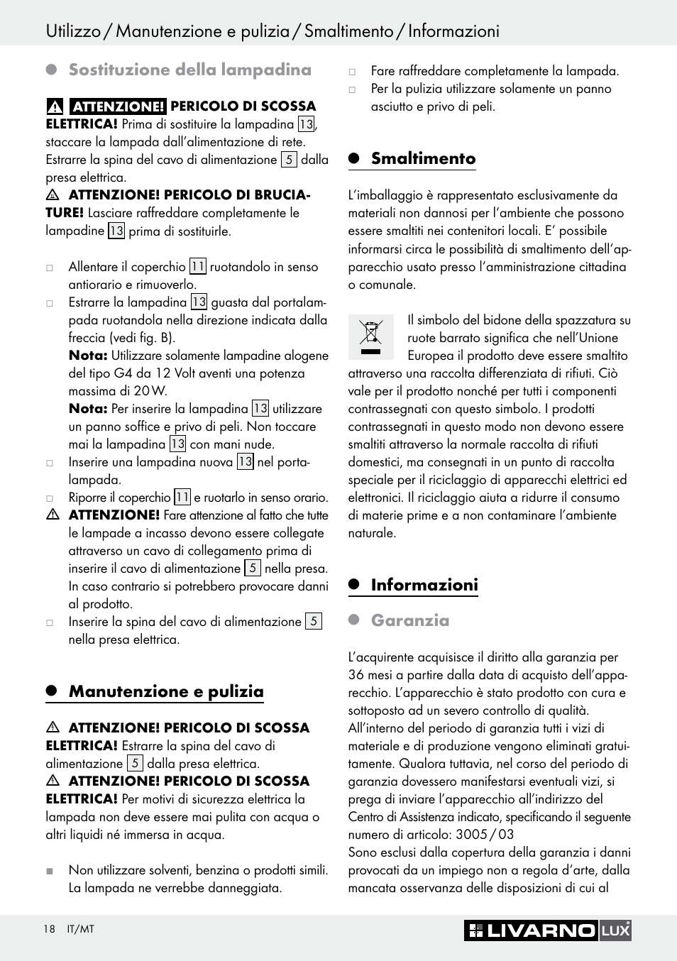 Sostituzione della lampadina, Manutenzione e pulizia, Smaltimento | Informazioni, Garanzia | Livarno 3005/03 User Manual | Page 18 / 45