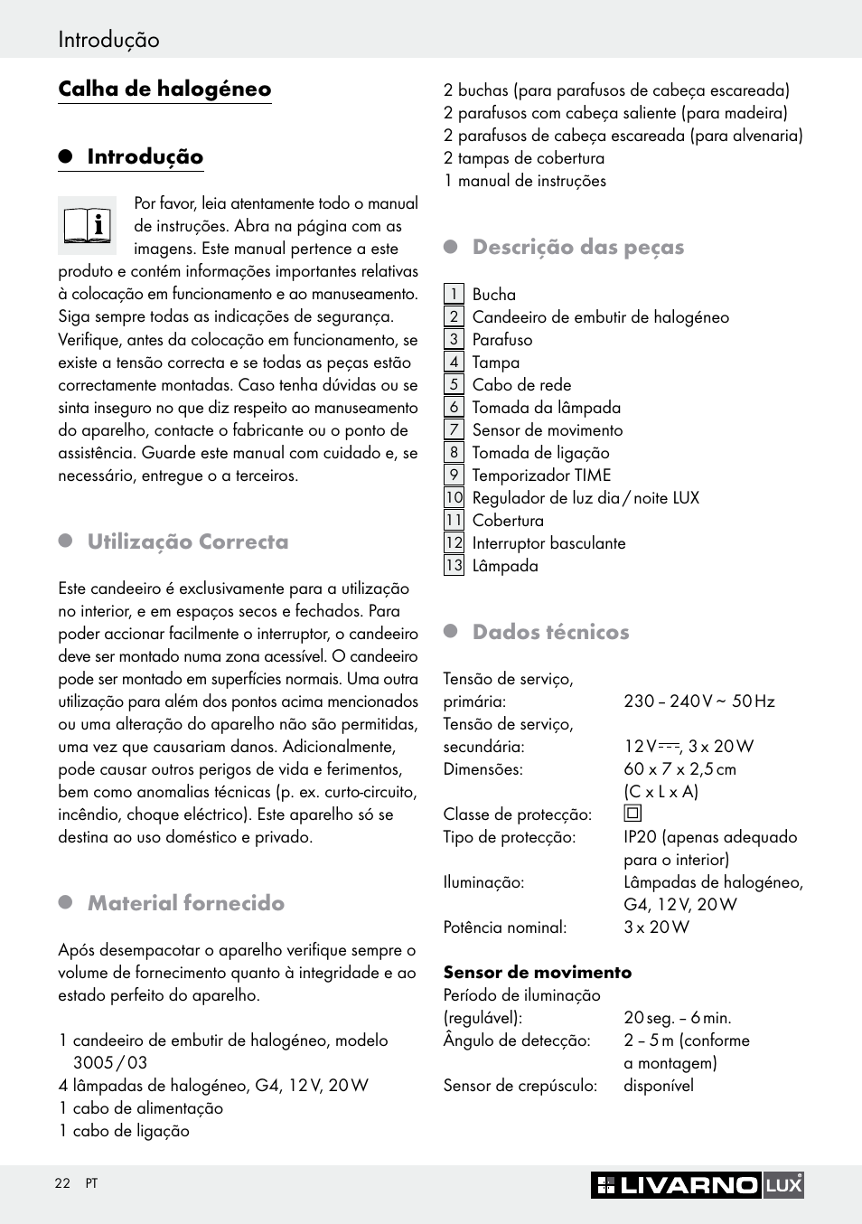 Introdução, Calha de halogéneo, Utilização correcta | Material fornecido, Descrição das peças, Dados técnicos | Livarno 3005/03 User Manual | Page 22 / 45