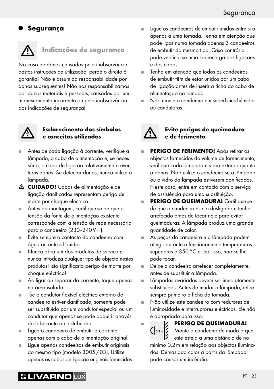 Segurança, Segurança indicações de segurança | Livarno 3005/03 User Manual | Page 23 / 45