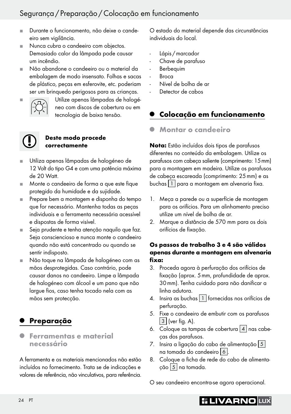 Preparação, Ferramentas e material necessário, Colocação em funcionamento | Montar o candeeiro | Livarno 3005/03 User Manual | Page 24 / 45