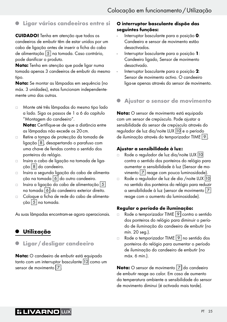 Colocação em funcionamento / utilização, Ligar vários candeeiros entre si, Utilização | Ligar / desligar candeeiro, Ajustar o sensor de movimento | Livarno 3005/03 User Manual | Page 25 / 45