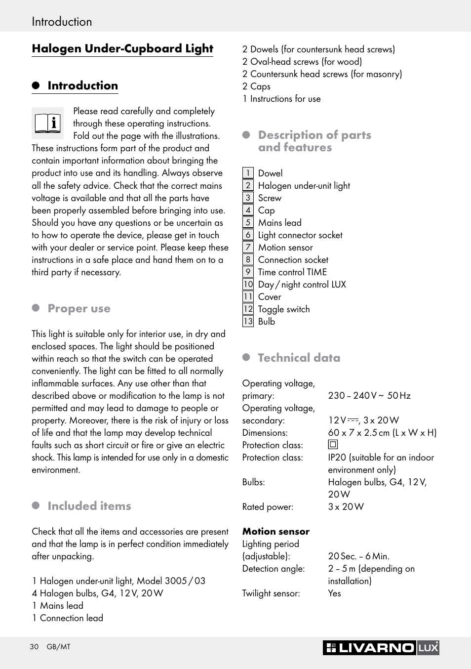 Introduction, Halogen under­cupboard light, Proper use | Included items, Description of parts and features, Technical data | Livarno 3005/03 User Manual | Page 30 / 45