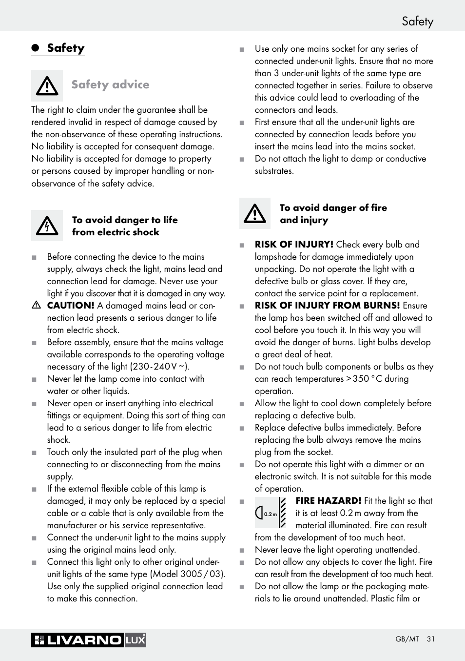 Safety, Safety safety advice | Livarno 3005/03 User Manual | Page 31 / 45