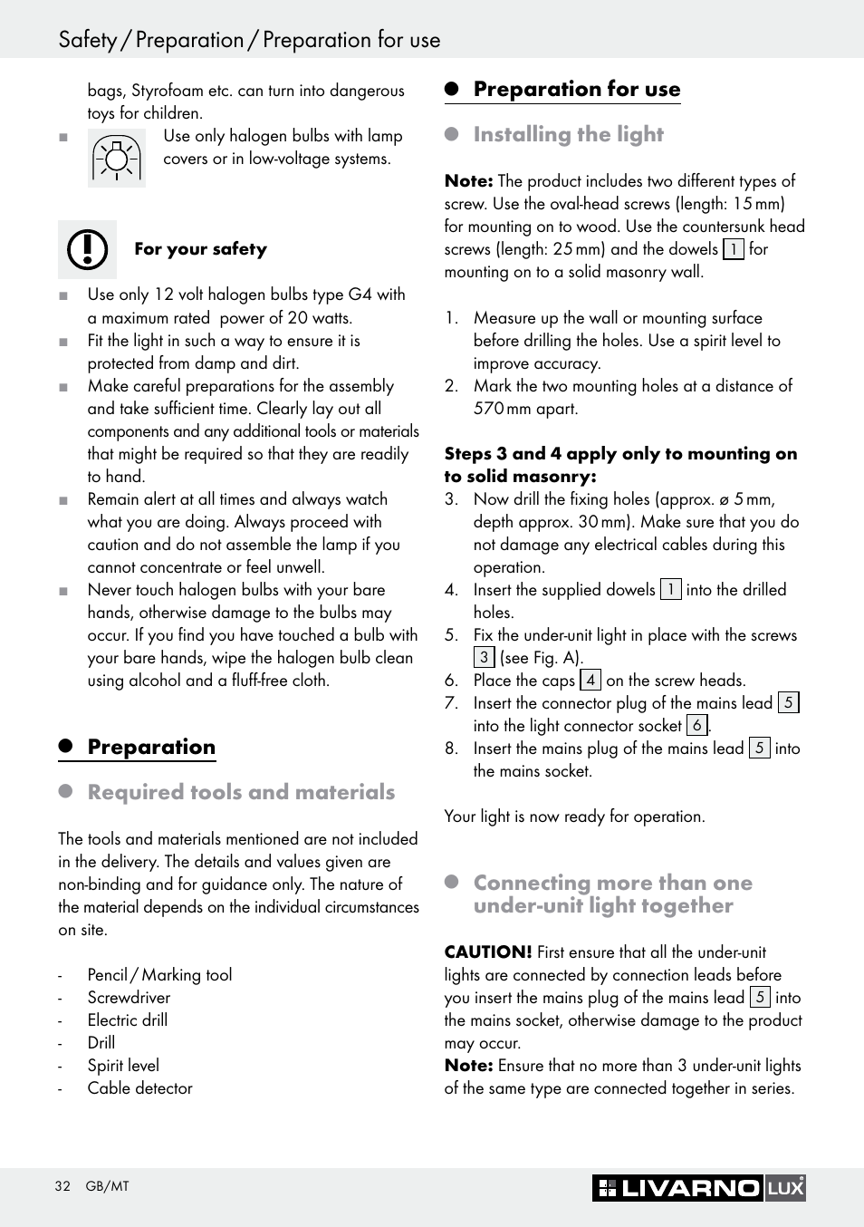 Safety / preparation / preparation for use, Preparation, Required tools and materials | Preparation for use, Installing the light, Connecting more than one under­unit light together | Livarno 3005/03 User Manual | Page 32 / 45