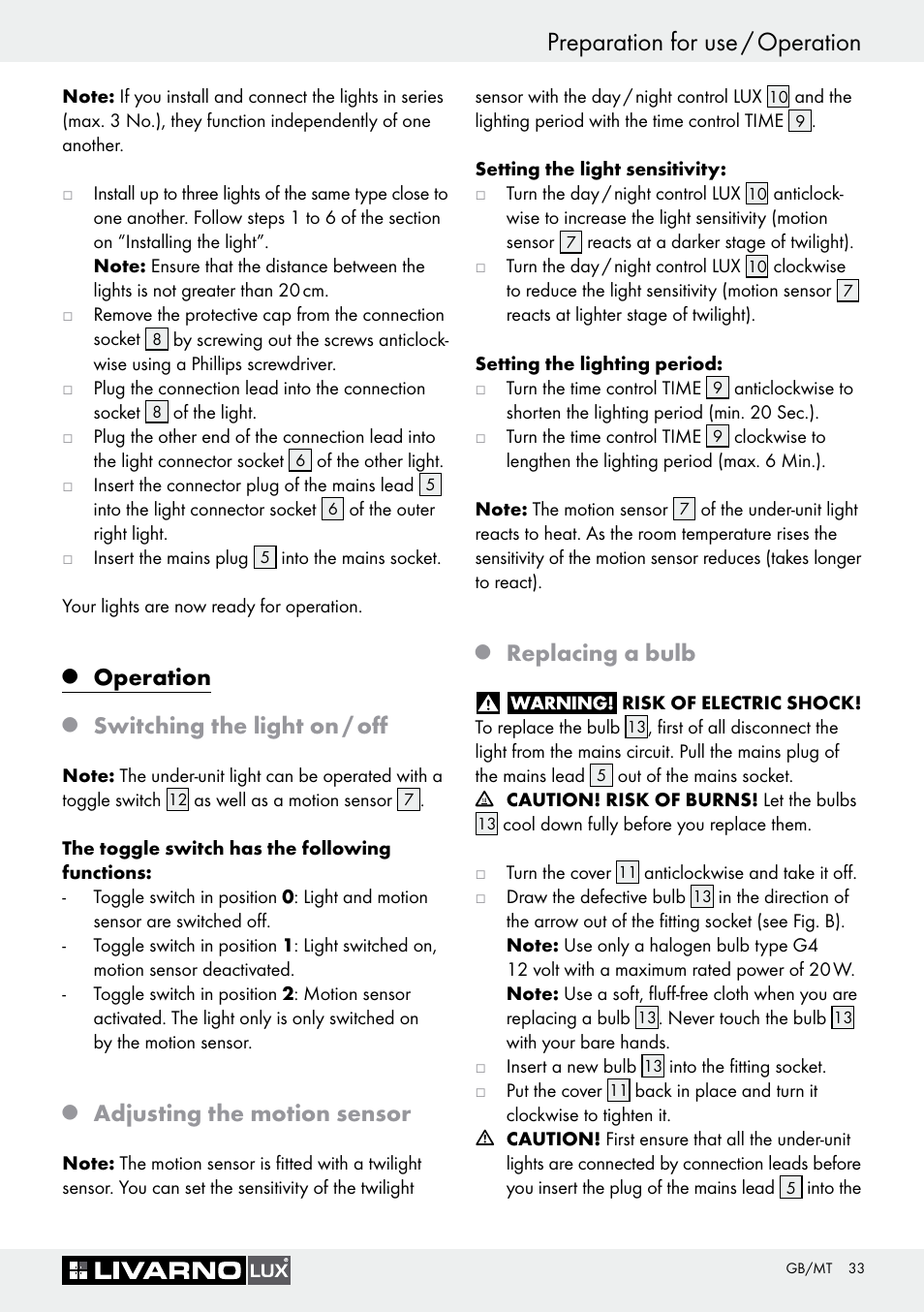 Preparation for use / operation, Operation, Switching the light on / off | Adjusting the motion sensor, Replacing a bulb | Livarno 3005/03 User Manual | Page 33 / 45