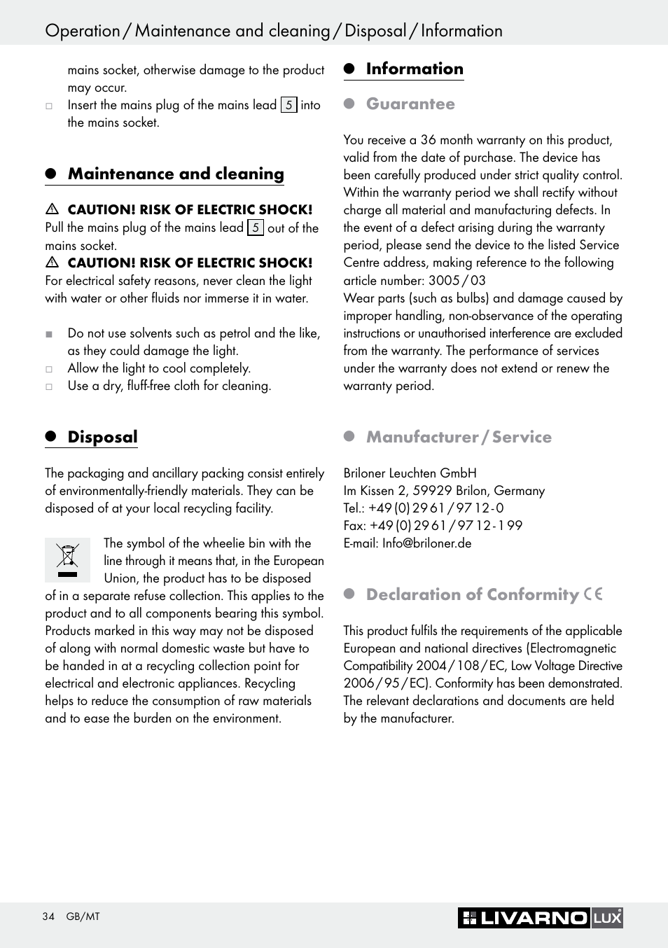 Maintenance and cleaning, Disposal, Information | Guarantee, Manufacturer / service, Declaration of conformity | Livarno 3005/03 User Manual | Page 34 / 45