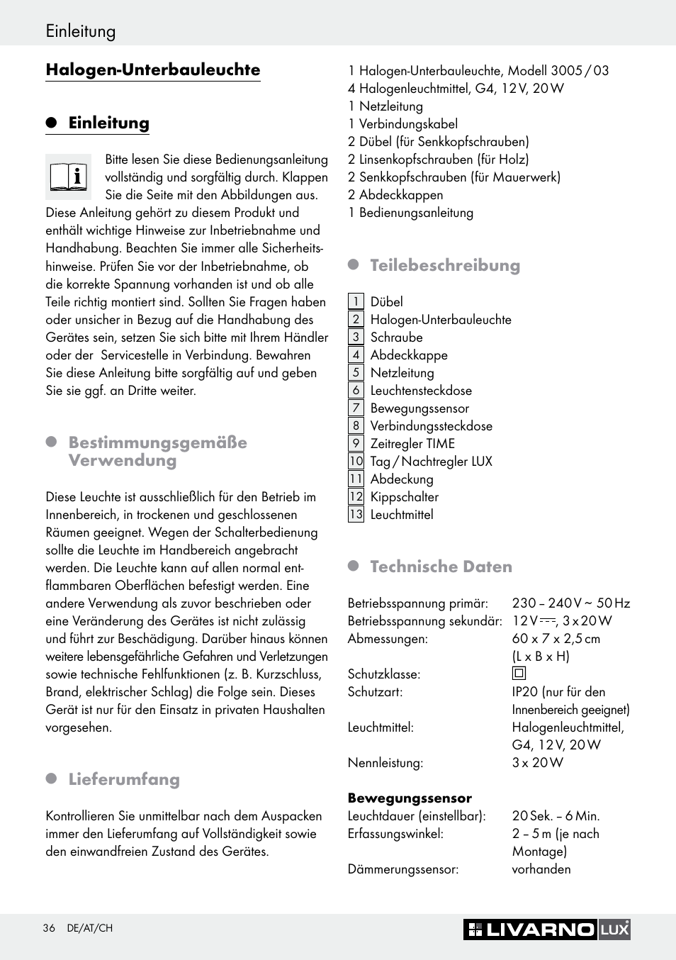 Einleitung, Halogen­unterbauleuchte, Bestimmungsgemäße verwendung | Lieferumfang, Teilebeschreibung, Technische daten | Livarno 3005/03 User Manual | Page 36 / 45