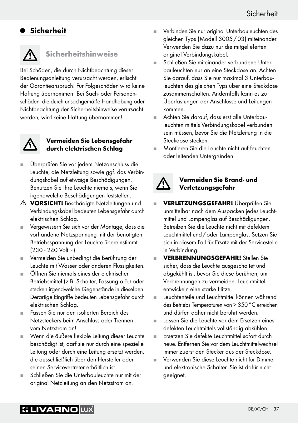 Sicherheit, Sicherheit sicherheitshinweise | Livarno 3005/03 User Manual | Page 37 / 45