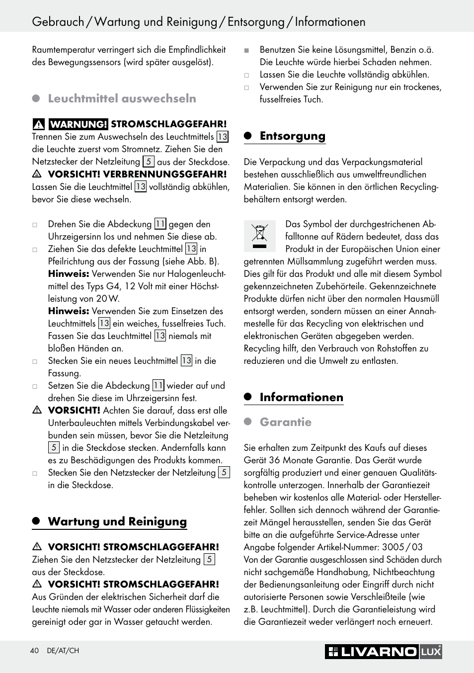 Leuchtmittel auswechseln, Wartung und reinigung, Entsorgung | Informationen, Garantie | Livarno 3005/03 User Manual | Page 40 / 45