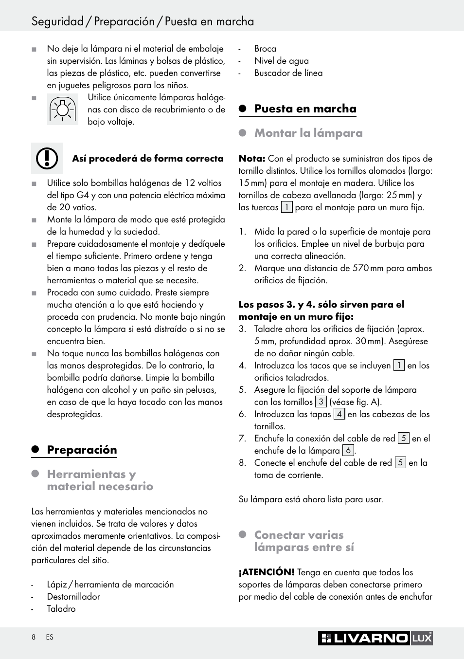 Seguridad / preparación / puesta en marcha, Preparación, Herramientas y material necesario | Puesta en marcha, Montar la lámpara, Conectar varias lámparas entre sí | Livarno 3005/03 User Manual | Page 8 / 45