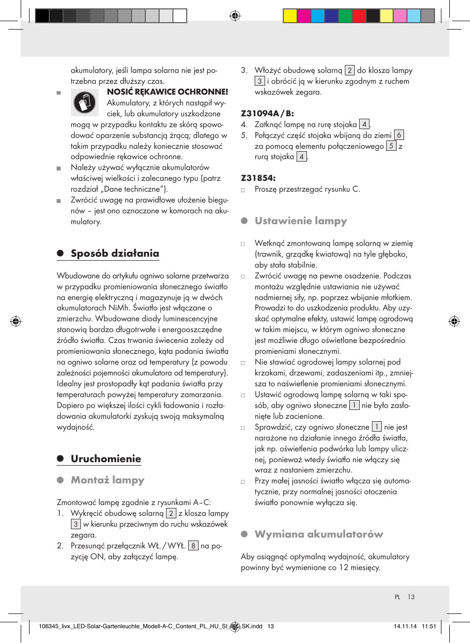 Sposób działania, Uruchomienie, Montaż lampy | Ustawienie lampy, Wymiana akumulatorów | Livarno Z31094A/Z31094B/Z31854 User Manual | Page 13 / 45