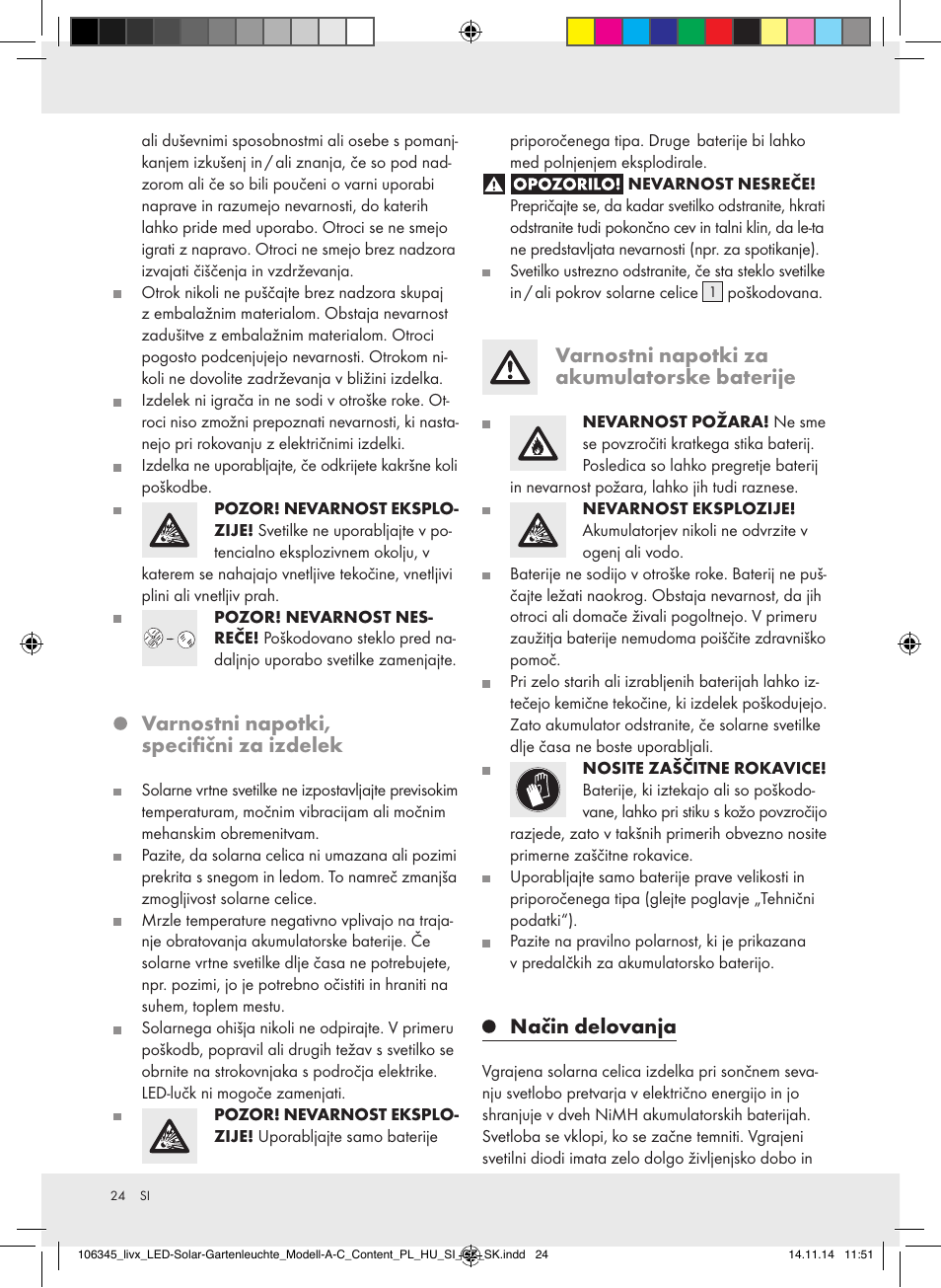 Varnostni napotki, specifični za izdelek, Varnostni napotki za akumulatorske baterije, Način delovanja | Livarno Z31094A/Z31094B/Z31854 User Manual | Page 24 / 45