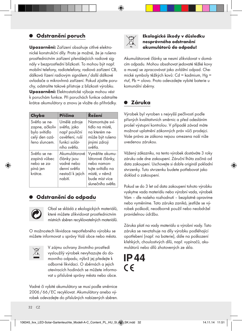 Odstranění poruch, Odstranění do odpadu, Záruka | Livarno Z31094A/Z31094B/Z31854 User Manual | Page 32 / 45