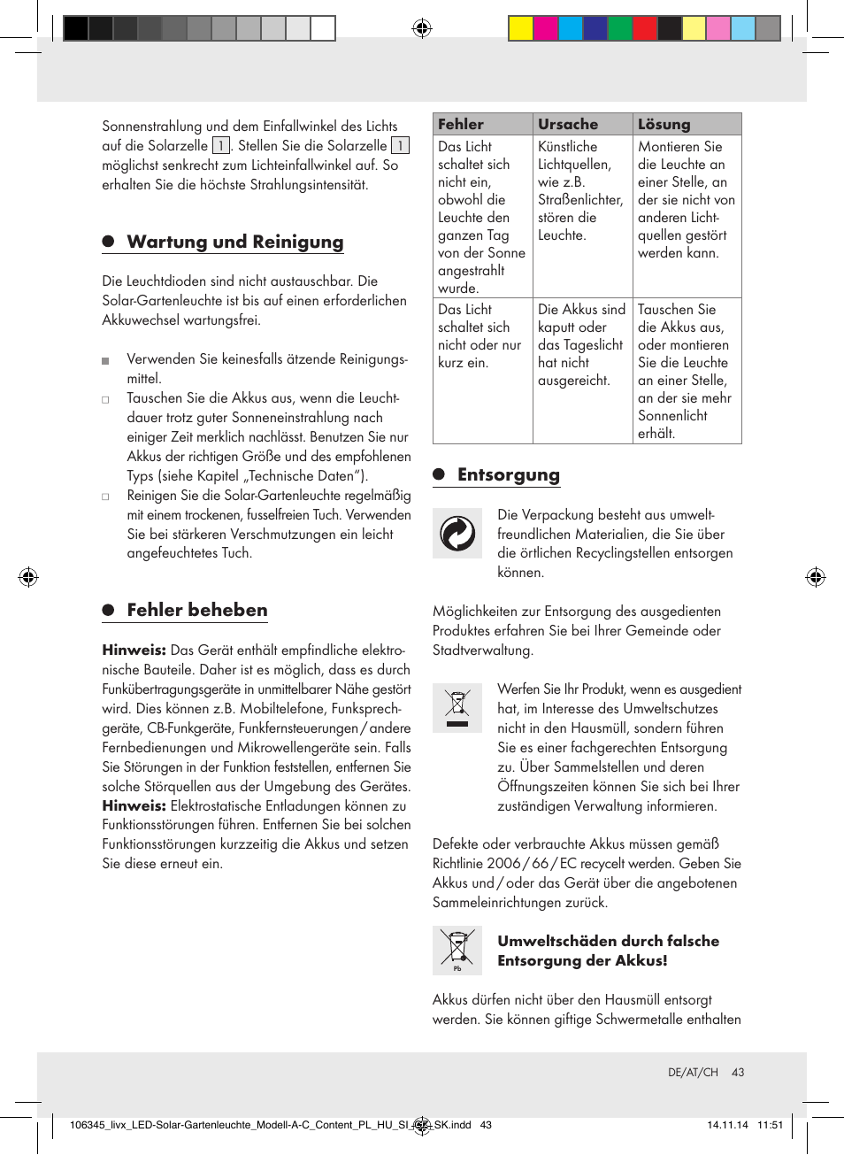 Wartung und reinigung, Fehler beheben, Entsorgung | Livarno Z31094A/Z31094B/Z31854 User Manual | Page 43 / 45