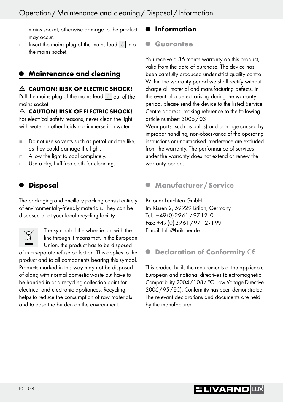 Maintenance and cleaning, Disposal, Information | Guarantee, Manufacturer / service, Declaration of conformity | Livarno 3005/03 User Manual | Page 10 / 55