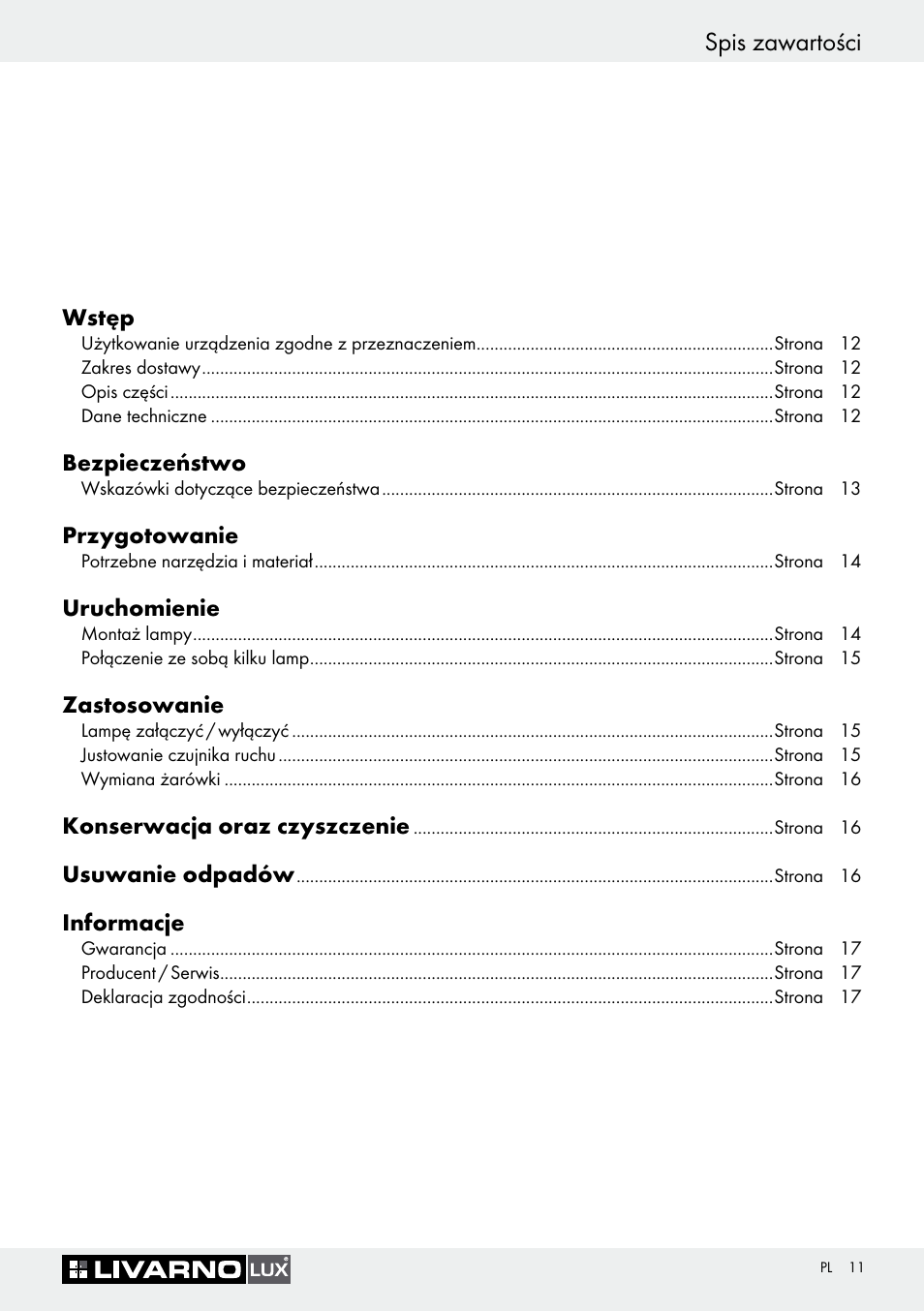 Spis zawartości | Livarno 3005/03 User Manual | Page 11 / 55