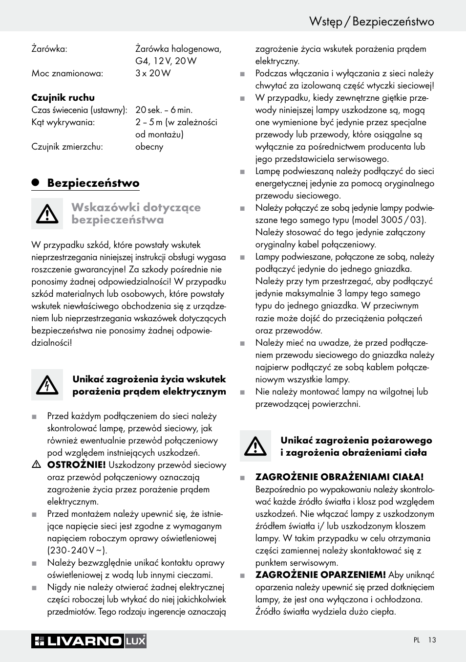 Wstęp / bezpieczeństwo, Bezpieczeństwo wskazówki dotyczące bezpieczeństwa | Livarno 3005/03 User Manual | Page 13 / 55