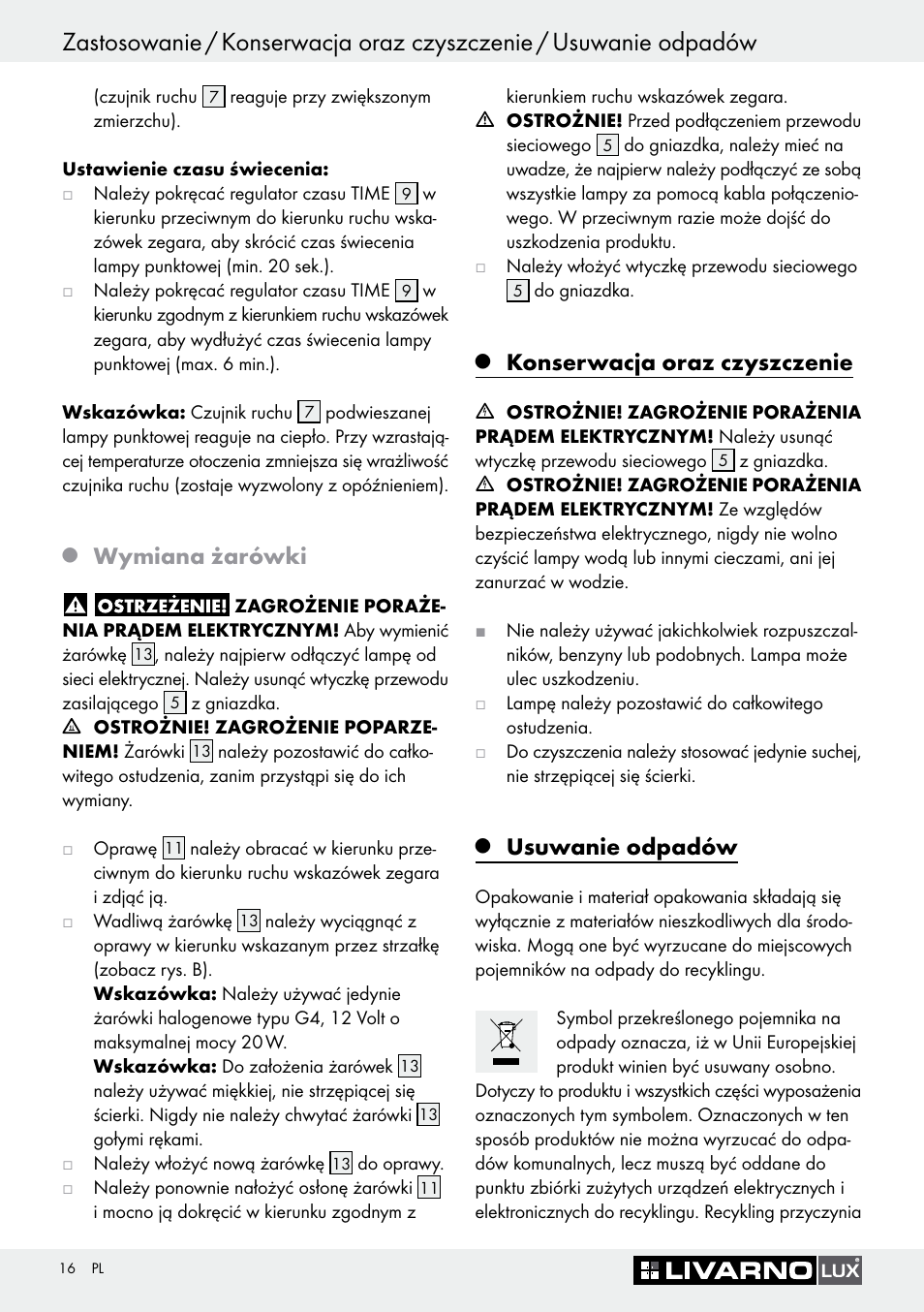 Wymiana żarówki, Konserwacja oraz czyszczenie, Usuwanie odpadów | Livarno 3005/03 User Manual | Page 16 / 55