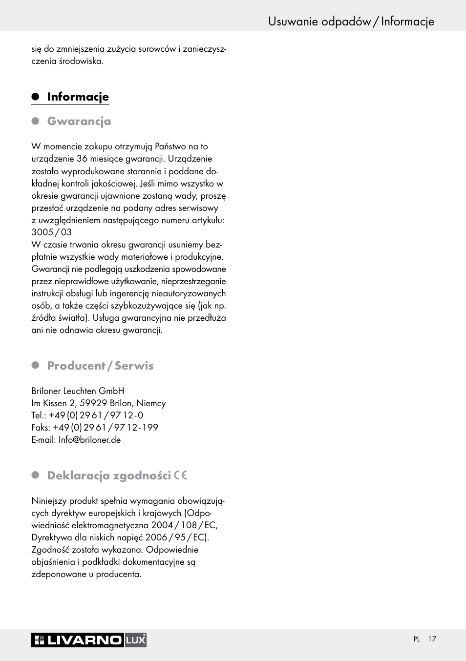 Usuwanie odpadów / informacje, Informacje, Gwarancja | Producent / serwis, Deklaracja zgodności | Livarno 3005/03 User Manual | Page 17 / 55