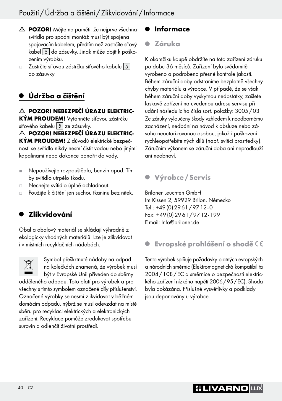 Údržba a čištění, Zlikvidování, Informace | Záruka, Výrobce / servis, Evropské prohlášení o shodě | Livarno 3005/03 User Manual | Page 40 / 55