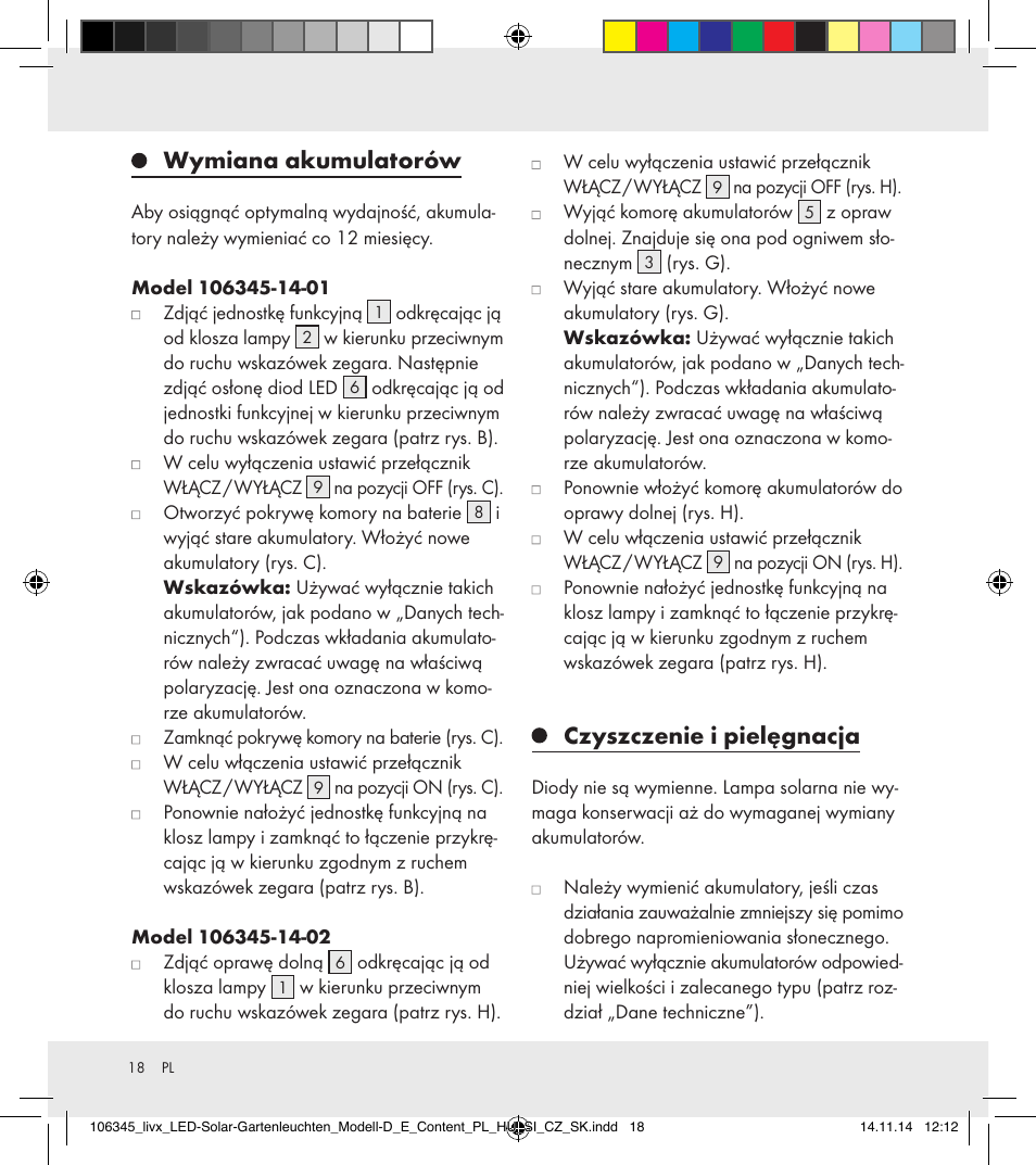 Wymiana akumulatorów, Czyszczenie i pielęgnacja | Livarno 106345-14-01/106345-14-02 User Manual | Page 18 / 60