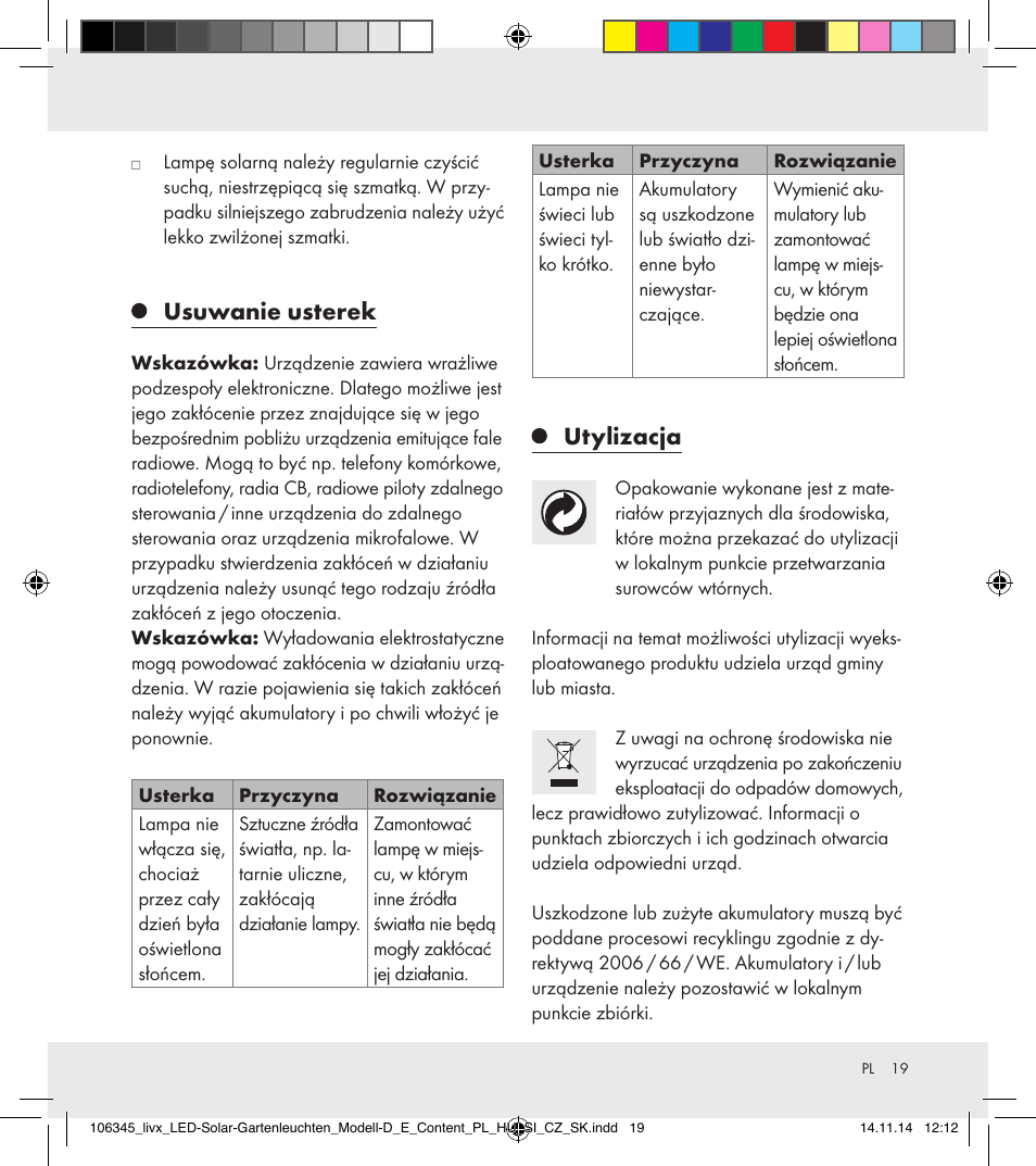 Usuwanie usterek, Utylizacja | Livarno 106345-14-01/106345-14-02 User Manual | Page 19 / 60