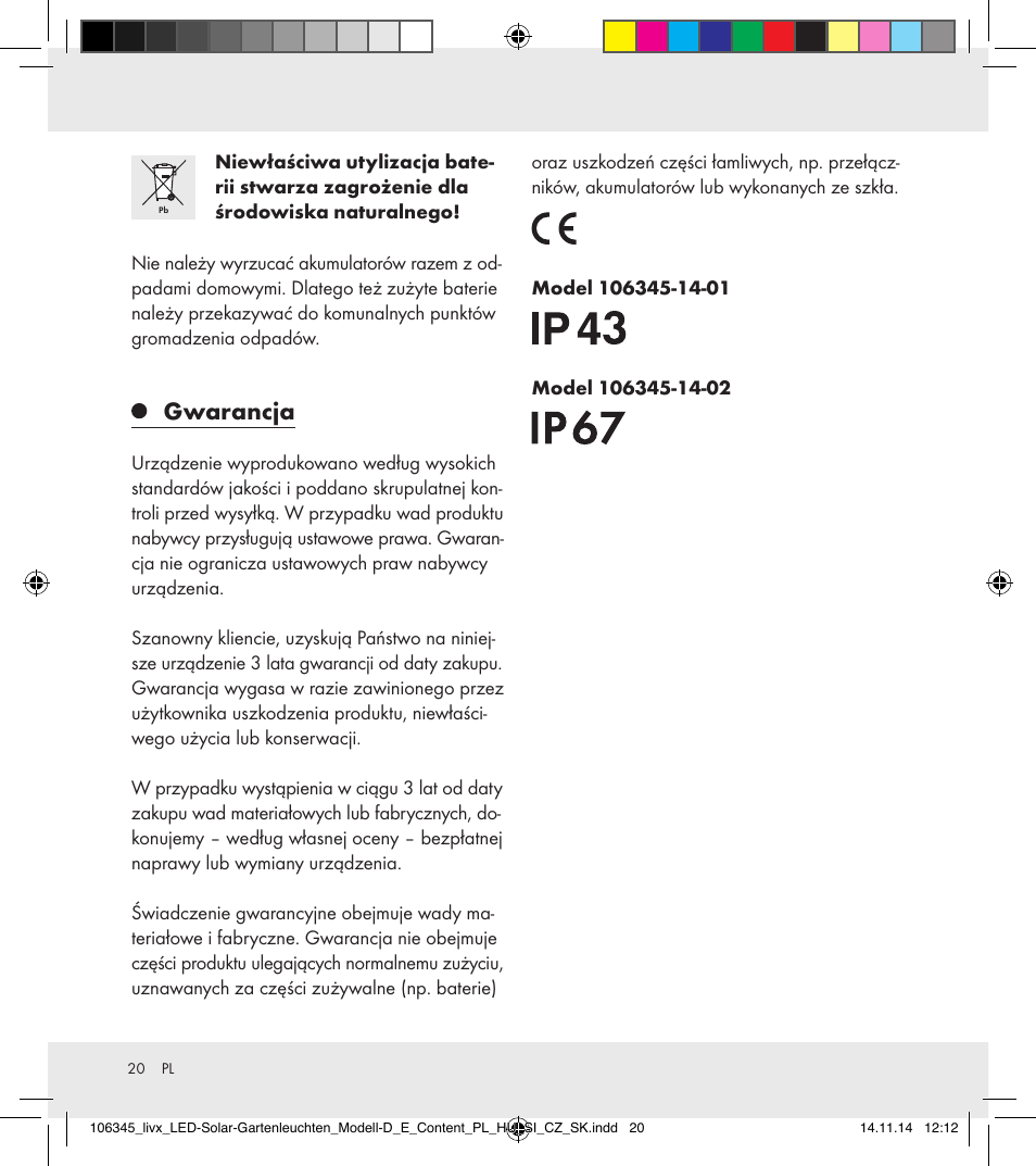 Gwarancja | Livarno 106345-14-01/106345-14-02 User Manual | Page 20 / 60