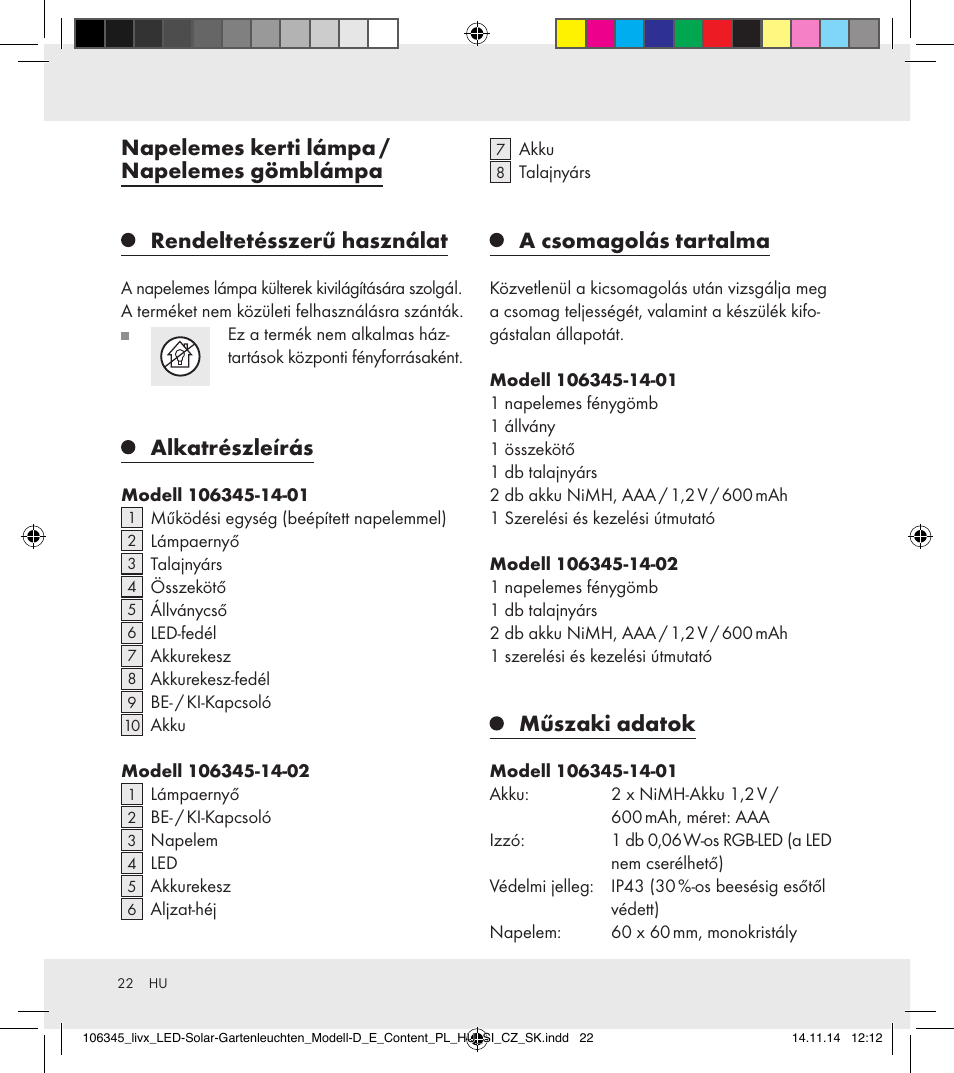 Napelemes kerti lámpa / napelemes gömblámpa, Rendeltetésszerű használat, Alkatrészleírás | A csomagolás tartalma, Műszaki adatok | Livarno 106345-14-01/106345-14-02 User Manual | Page 22 / 60