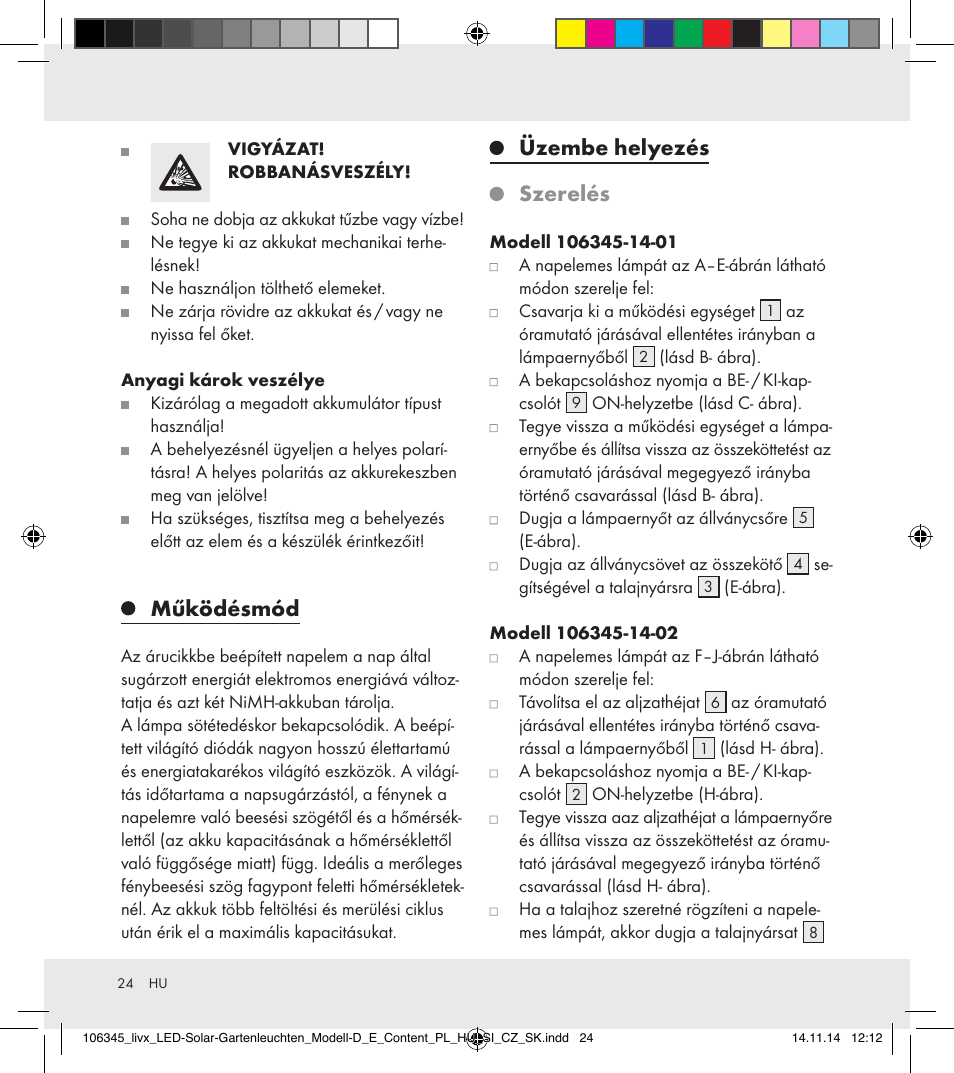 Működésmód, Üzembe helyezés, Szerelés | Livarno 106345-14-01/106345-14-02 User Manual | Page 24 / 60