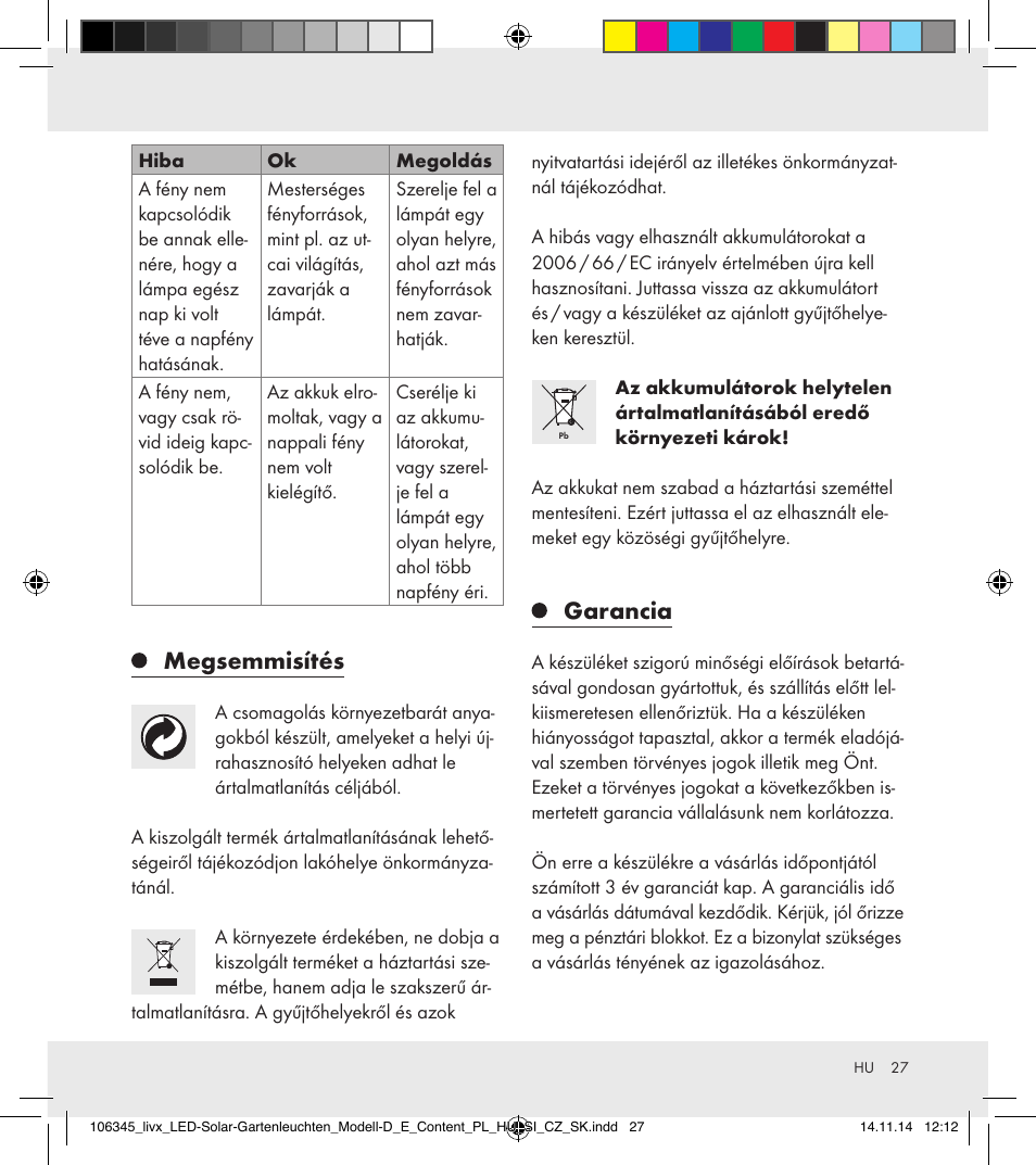 Megsemmisítés, Garancia | Livarno 106345-14-01/106345-14-02 User Manual | Page 27 / 60