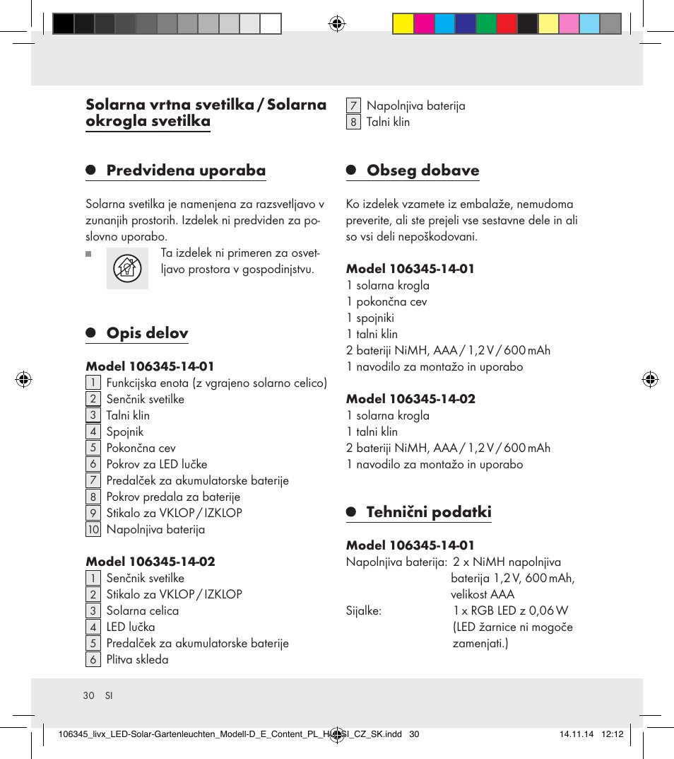Solarna vrtna svetilka / solarna okrogla svetilka, Predvidena uporaba, Opis delov | Obseg dobave, Tehnični podatki | Livarno 106345-14-01/106345-14-02 User Manual | Page 30 / 60