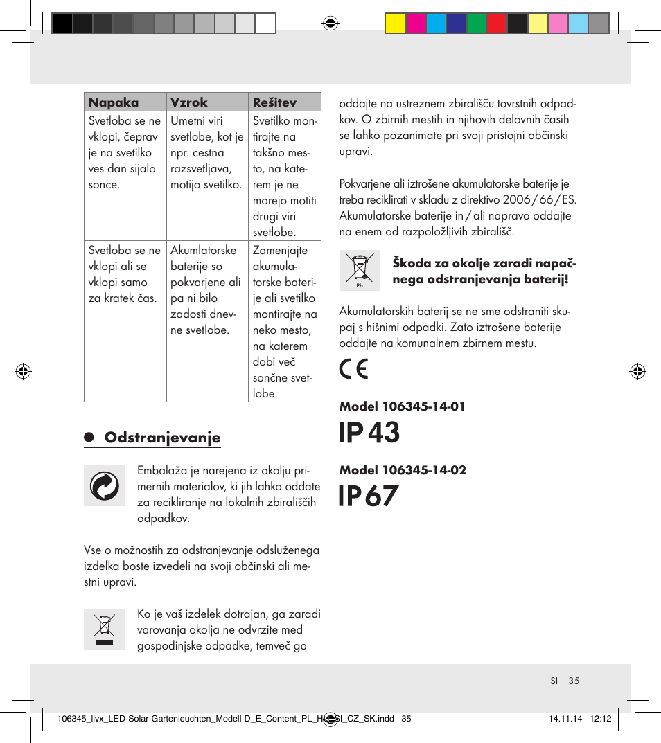 Odstranjevanje | Livarno 106345-14-01/106345-14-02 User Manual | Page 35 / 60