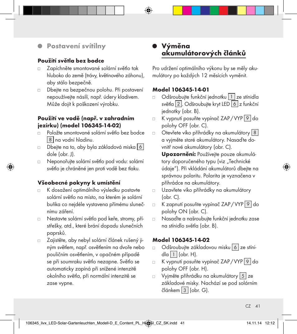 Postavení svítilny, Výměna akumulátorových článků | Livarno 106345-14-01/106345-14-02 User Manual | Page 41 / 60