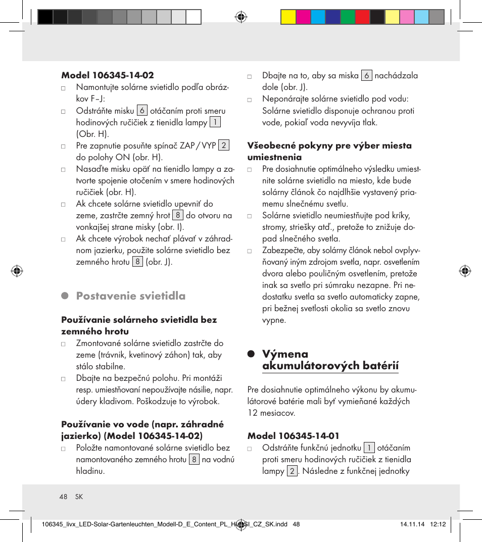 Postavenie svietidla, Výmena akumulátorových batérií | Livarno 106345-14-01/106345-14-02 User Manual | Page 48 / 60