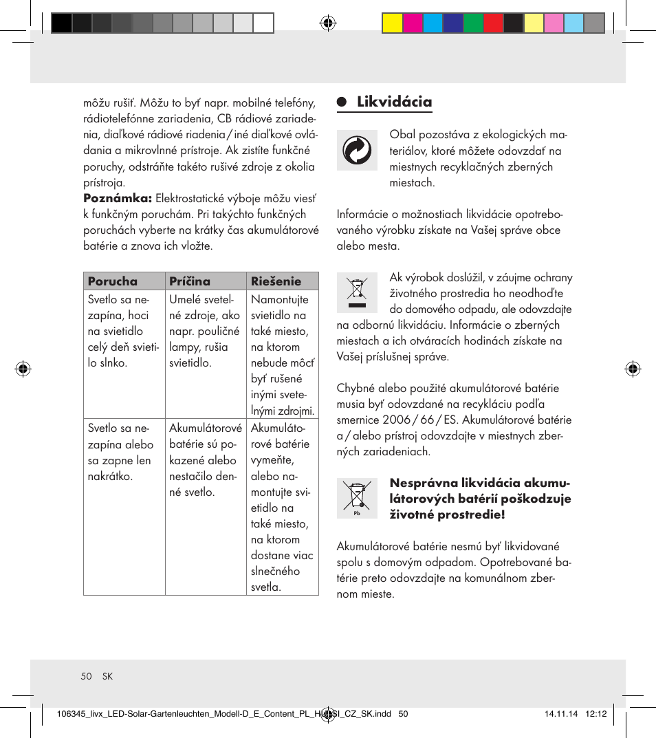 Likvidácia | Livarno 106345-14-01/106345-14-02 User Manual | Page 50 / 60