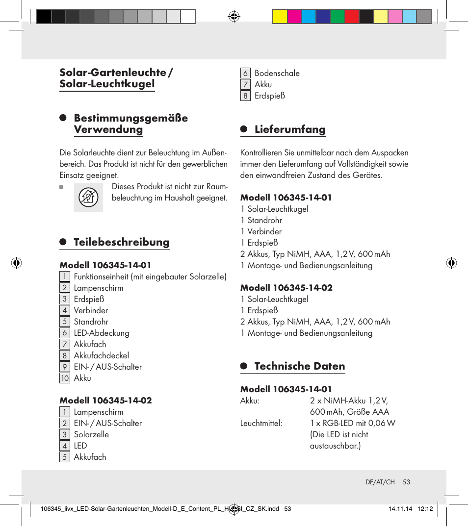 Solar-gartenleuchte / solar-leuchtkugel, Bestimmungsgemäße verwendung, Teilebeschreibung | Lieferumfang, Technische daten | Livarno 106345-14-01/106345-14-02 User Manual | Page 53 / 60