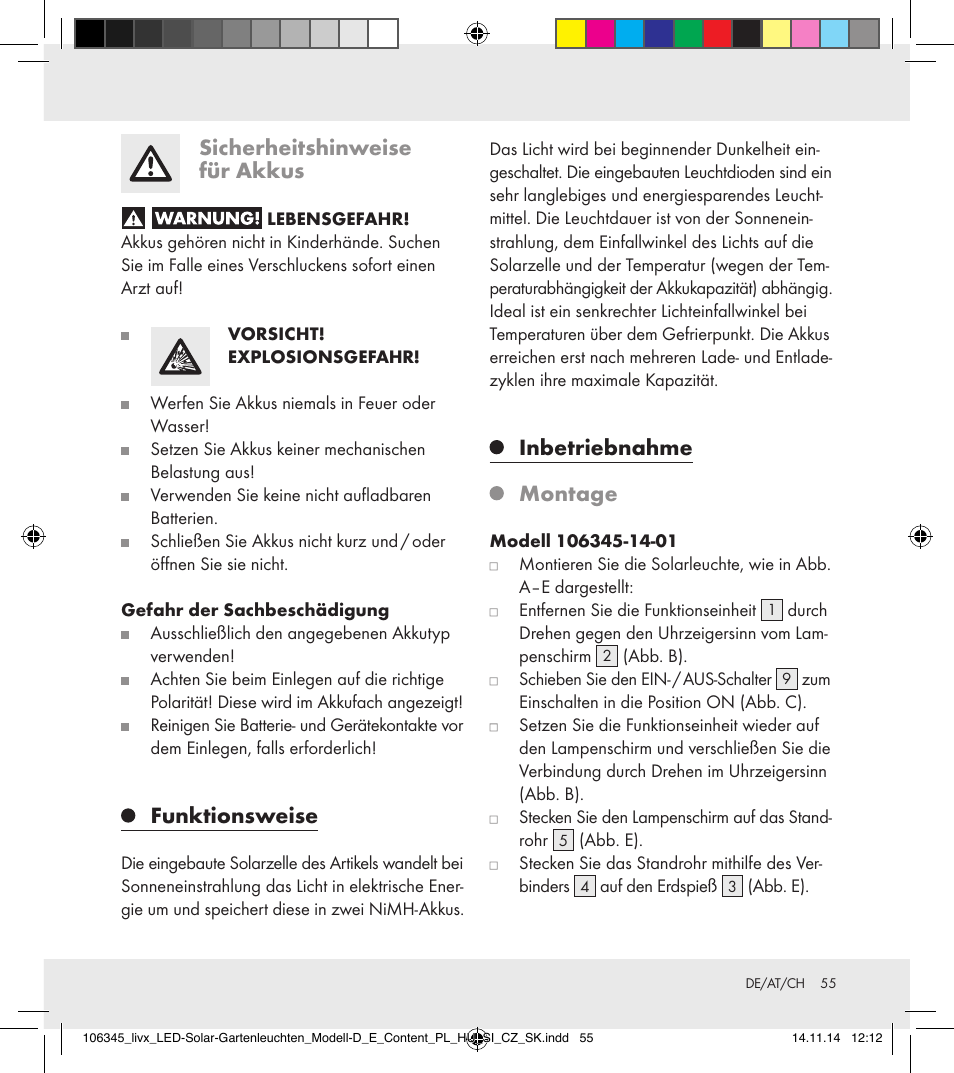 Sicherheitshinweise für akkus, Funktionsweise, Inbetriebnahme | Montage | Livarno 106345-14-01/106345-14-02 User Manual | Page 55 / 60