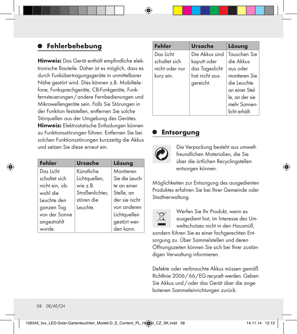 Fehlerbehebung, Entsorgung | Livarno 106345-14-01/106345-14-02 User Manual | Page 58 / 60