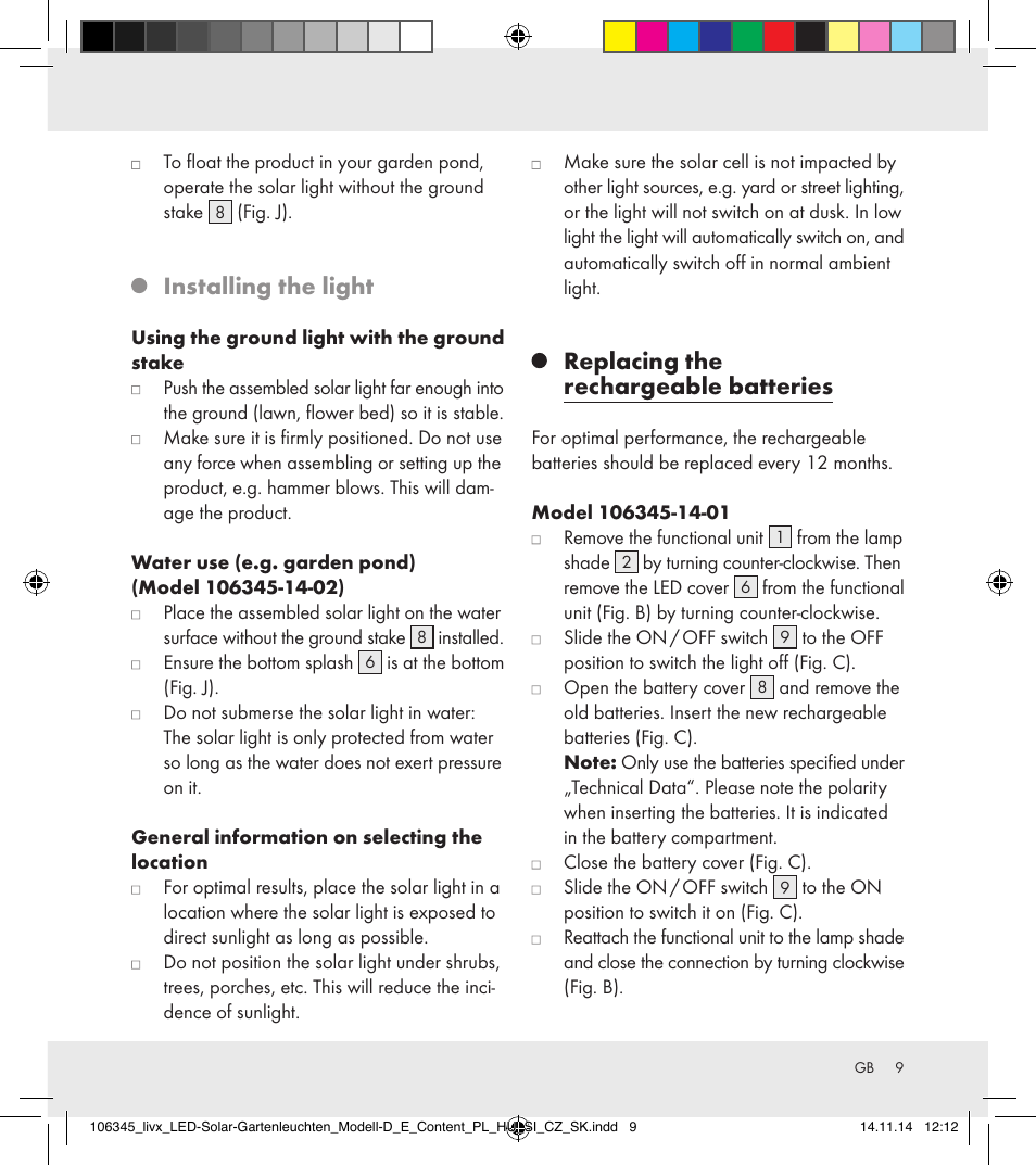Installing the light, Replacing the rechargeable batteries | Livarno 106345-14-01/106345-14-02 User Manual | Page 9 / 60